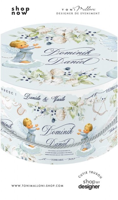 Cutie trusou botez rotunda bleu pastelata cu ingeri bleu 1